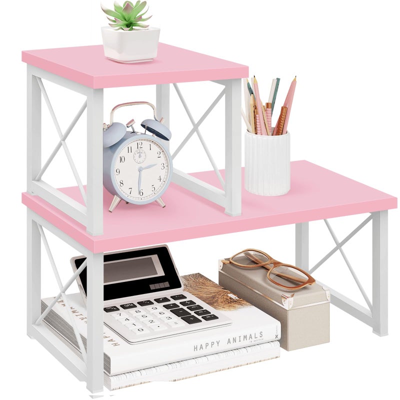 ELITEROO Desktop Shelf 2 Tier Independent Stackable Desk Stand Adjustable Freestanding Table Top Mini Bookshelf Aesthetic Storage Organizers for WomenGirlsDaughter Pink - Image 2