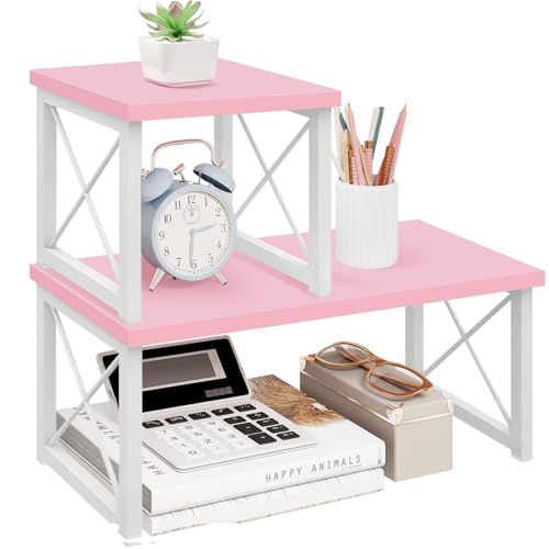 ELITEROO Desktop Shelf 2 Tier Independent Stackable Desk Stand Adjustable Freestanding Table Top Mini Bookshelf Aesthetic Storage Organizers for WomenGirlsDaughter Pink - Image 1