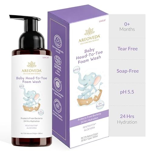 AreoVeda Baby Head-To-Toe Foam Wash With Self-Foaming Pump (500ml) I Tear-Free Baby Wash I 24 Hrs Hydration I pH 5.5 With PENTAVITIN® & Aloe Vera I Safe from Day 1 I Lab Tested, Ecocert Certified, EWG Verified - Image 1