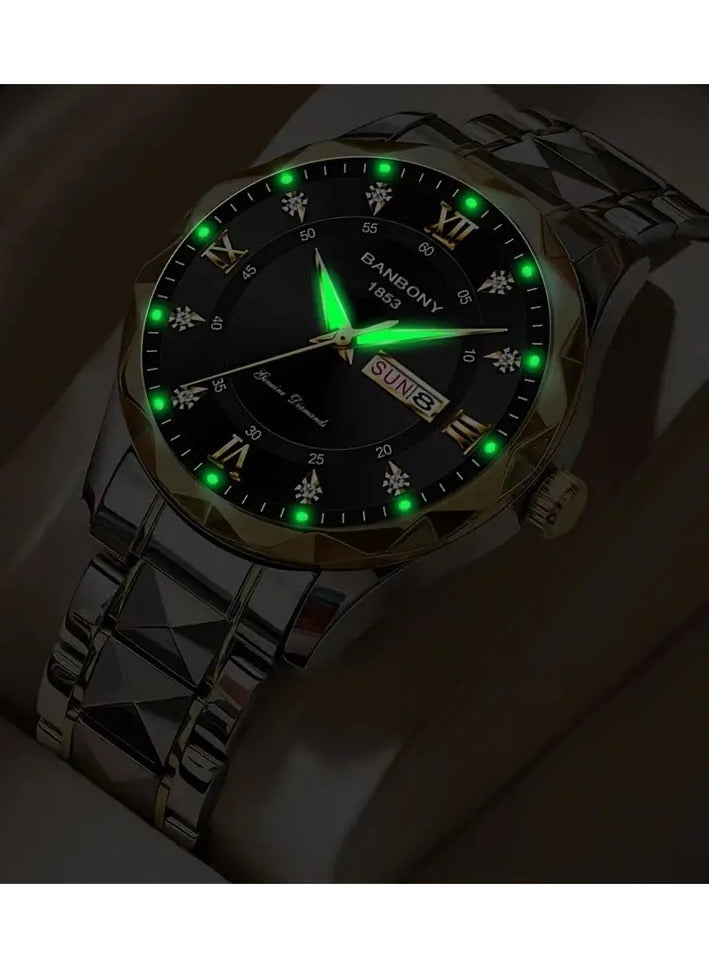 NIBEMINENT حزام من الفولاذ المقاوم للصدأ للرجال بأرقام رومانية وأحجار الراين وساعات مضيئة متعددة الوظائف - Image 2