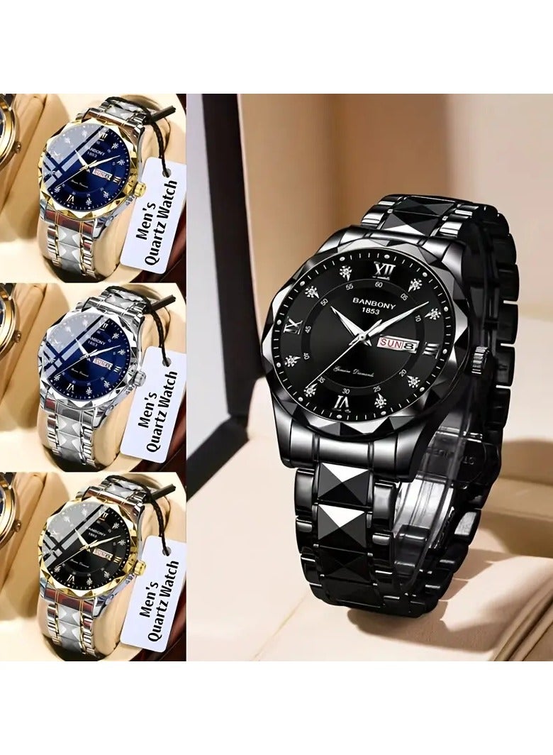 NIBEMINENT حزام من الفولاذ المقاوم للصدأ للرجال بأرقام رومانية وأحجار الراين وساعات مضيئة متعددة الوظائف - Image 4