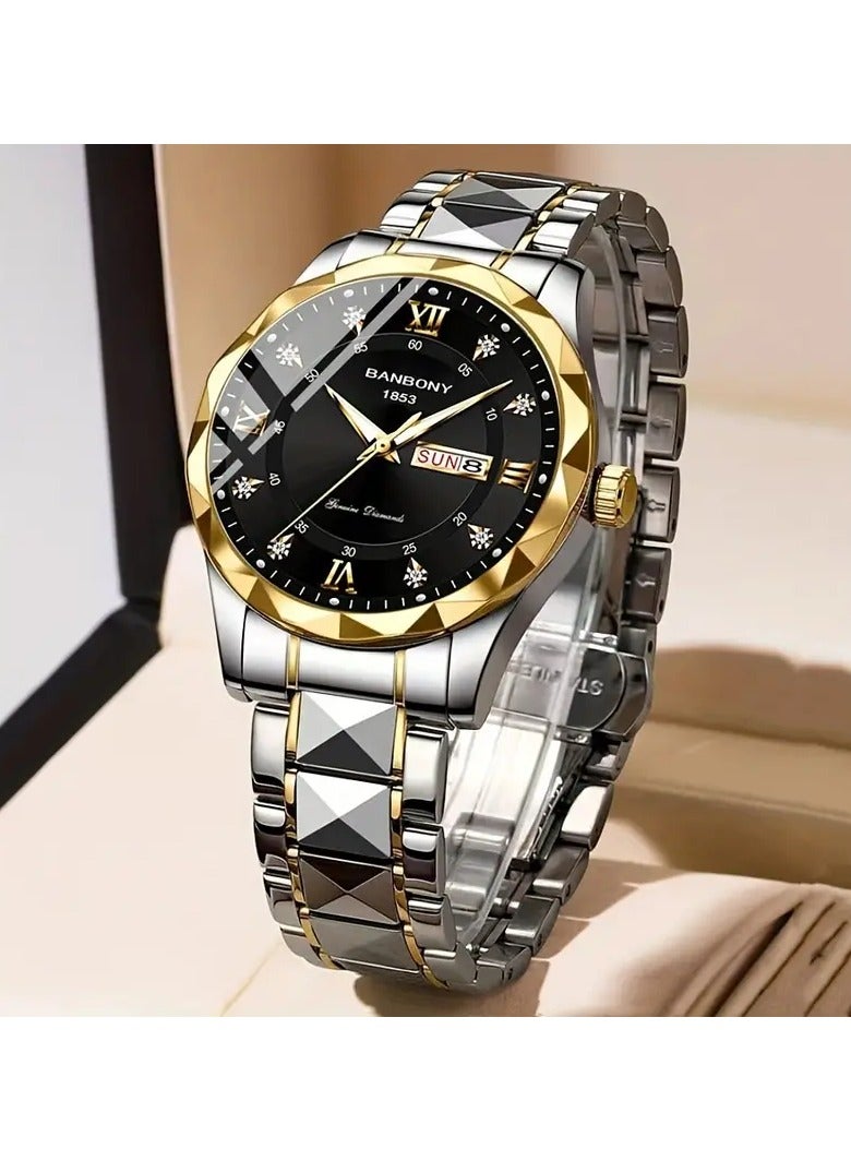 NIBEMINENT حزام من الفولاذ المقاوم للصدأ للرجال بأرقام رومانية وأحجار الراين وساعات مضيئة متعددة الوظائف - Image 3