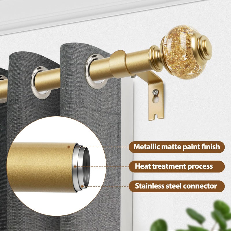 USFOOK Curtain Rods 32 to 58 Inches (2.6-4.8ft), USFOOK 7/8 Inch Telescoping Splicing Drapery Rods for Windows 20 to 54 Inch, Decorative Curtain Rod for Home Decor with Luxury Gold Translucent Finials - Image 2