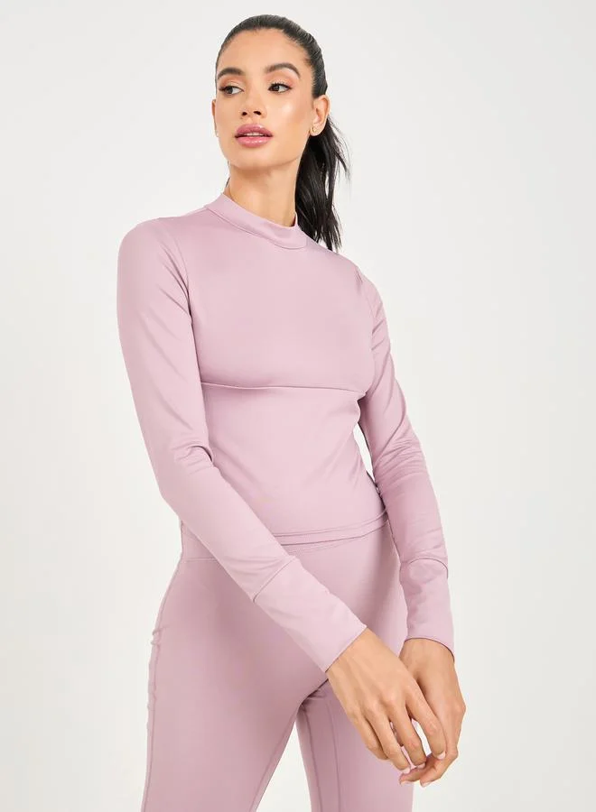 Styli High Neck Multi Panel Keyhole Back Long Sleeve Crop Top & Legging Set