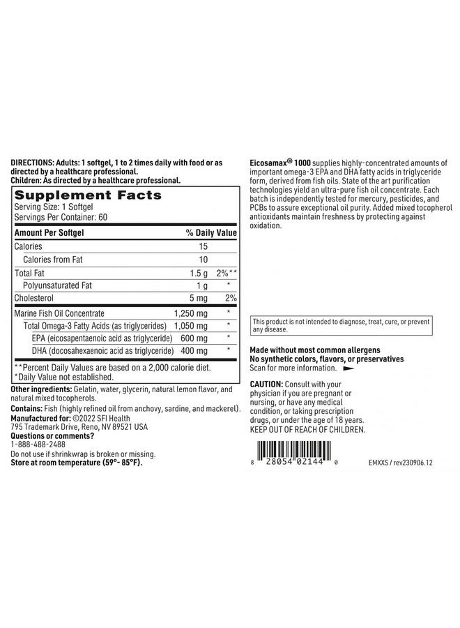 Klaire Labs Eicosamax 1000 TG Fish Oil - 1000 mg EPA/DHA per Soft Gel, Ultra Pure Omega-3 Fish Oil Pills - Sustainably Sourced - Natural Lemon Flavor for No Fishy Burps (60 Softgels) - Image 4