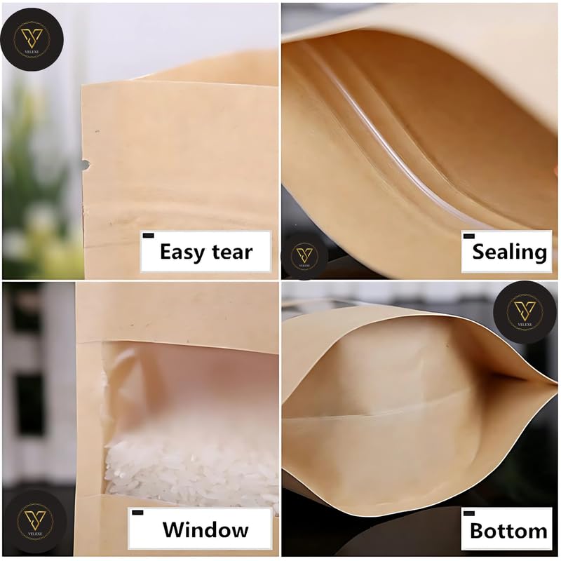 VELEXE Brown Kraft Paper Zip Lock Stand Up Storage Pouches | 120mm*200mm | 100 Grams | Pack of 50 | Reusable & Airtight Storage Pouches with Transparent Rectangle Window & Self Sealing Technology - Image 4