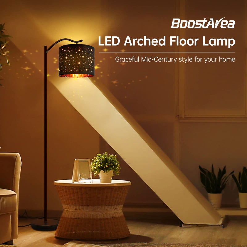 BoostArea Floor Lamp for Living Room,LED Arched Tall Modern Standing Lamp with Bohemian Linen Shade, E26 Socket, Footswitch,Black Mid Century Floor Lamp for Bedrooms,Office,Star Shade - Image 2
