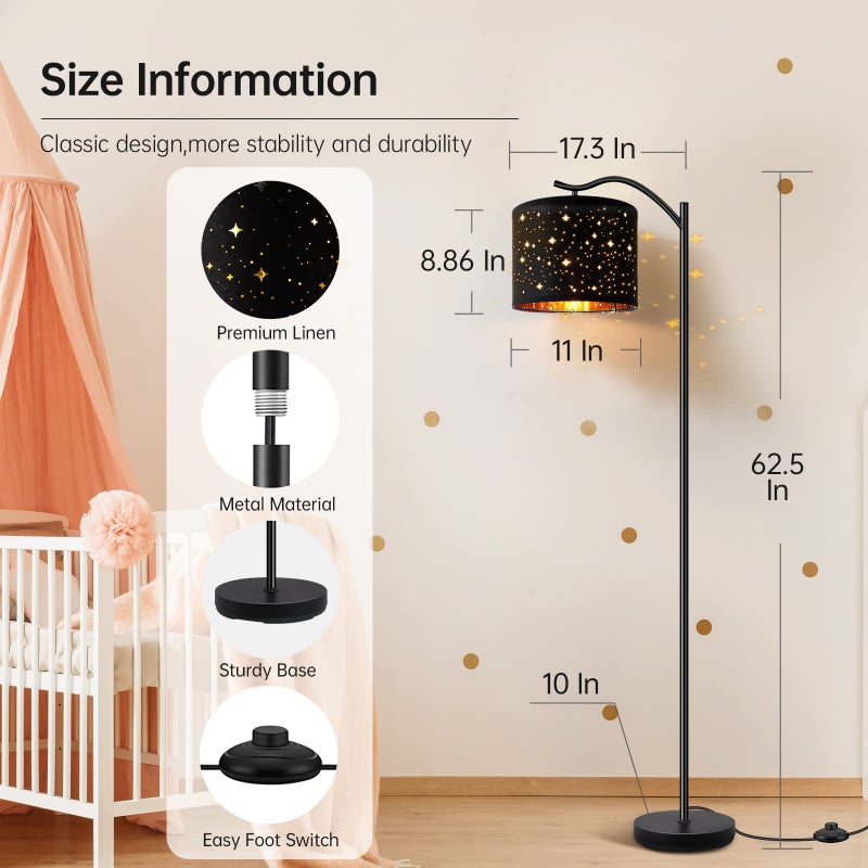 BoostArea Floor Lamp for Living Room,LED Arched Tall Modern Standing Lamp with Bohemian Linen Shade, E26 Socket, Footswitch,Black Mid Century Floor Lamp for Bedrooms,Office,Star Shade - Image 5