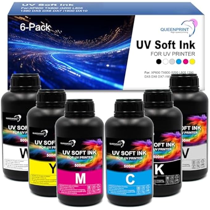6-PACK UV SOFT INK FOR SOFT MATERIALS  BK C M Y W V, 500ML  UV INK FOR UV PRINTERS XP600 I3200 TX800 DX5 DX6 DX7 1390 I1600 DX10 PRINTHEAD - Image 1