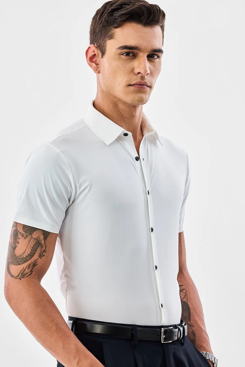 سنيتش White Solid Half Sleeve Slim Fit Shirt