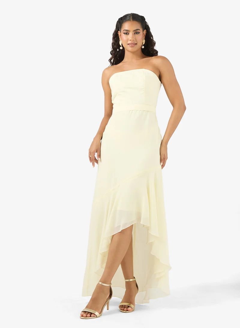 Strapless Ruffled High-Low Midi Dress