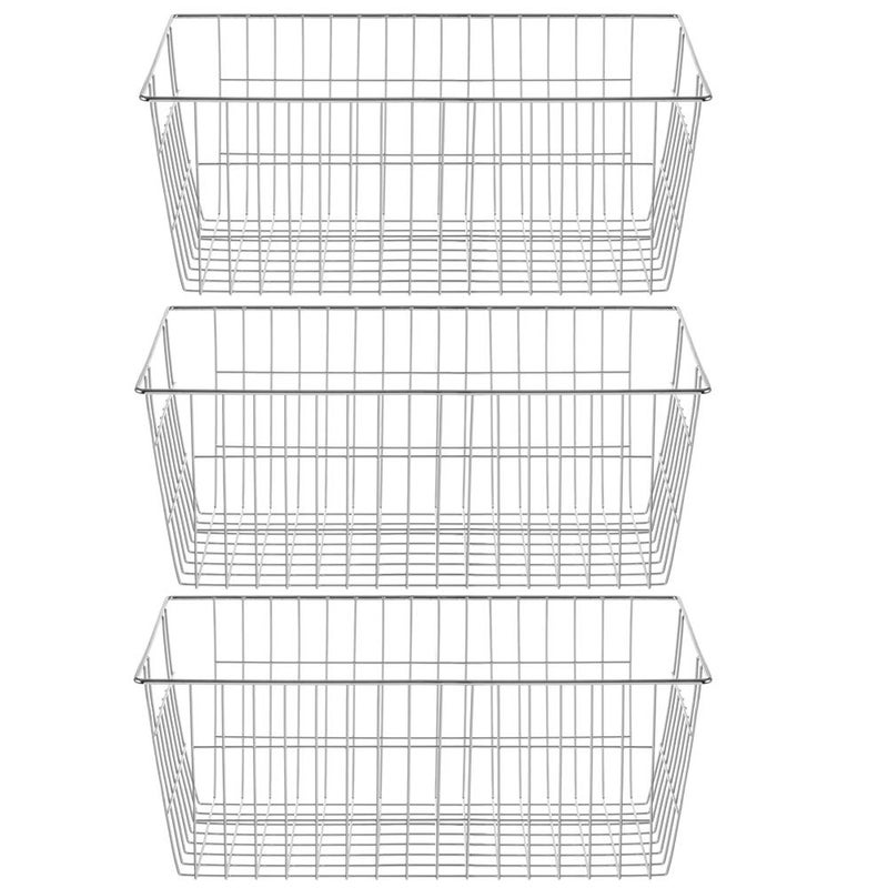 SANNO Farmhouse Freezer Bastets Organizer Bin Large Metal Wire Food Storage Organizer Bin Basket  for Kitchen Cabinets Pantry Bathroom Laundry Room Closets Garage  Chrome 3 pack