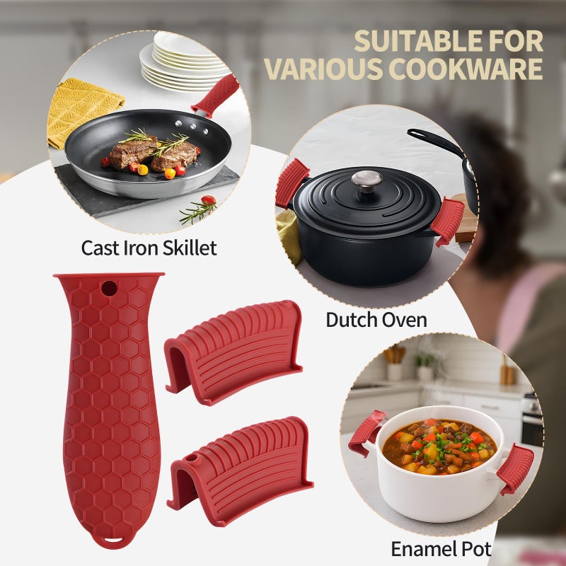 Creztail Cast Iron Skillet Handle Covers - 3 Pack Assist Pan Handle Sleeve Pot Holders, Heat Resistant Pot Handle Covers, Non-Slip Silicone Cast Iron Handle Grip for Cast Iron Skillet Metal Pan (Red) - Image 5
