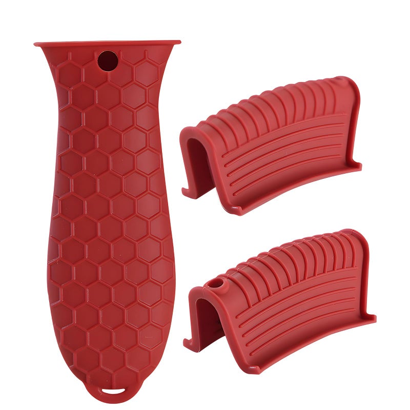 Creztail Cast Iron Skillet Handle Covers - 3 Pack Assist Pan Handle Sleeve Pot Holders, Heat Resistant Pot Handle Covers, Non-Slip Silicone Cast Iron Handle Grip for Cast Iron Skillet Metal Pan (Red) - Image 1