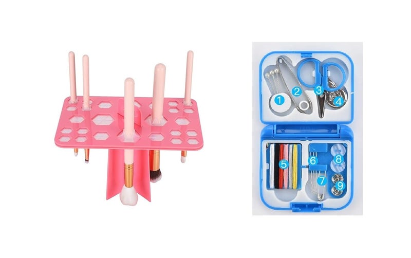 MFH Travel Sewing Kit Thread Needle Mini Case and Brush Dryer Holder 26 Hole Makeup Brush Drying Rack Organizer Cosmetic Brush Stand Pack of 2 Combo Random Colour  - Image 1