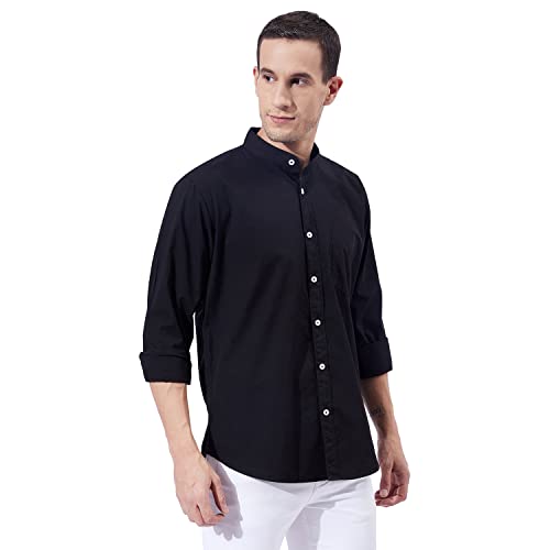 Ben Martin Men's Cotton Mandarin Collar Shirt with Chest Pocket|| Chinese Collar, Slim Fit, Casual & Formal Wear || Soft & Breathable Fabric || Black Full Sleeve Shirt for Men M - Image 3