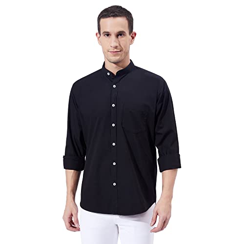 Ben Martin Men's Cotton Mandarin Collar Shirt with Chest Pocket|| Chinese Collar, Slim Fit, Casual & Formal Wear || Soft & Breathable Fabric || Black Full Sleeve Shirt for Men M - Image 1