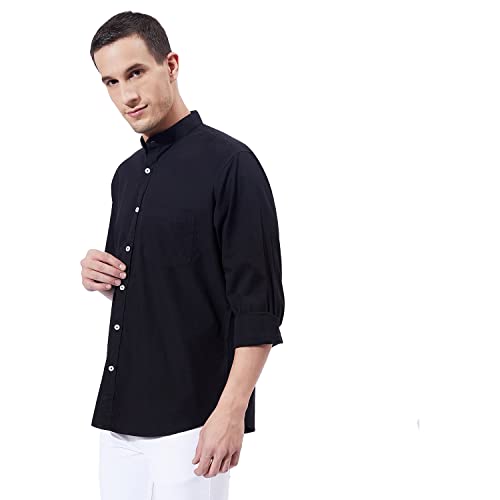 Ben Martin Men's Cotton Mandarin Collar Shirt with Chest Pocket|| Chinese Collar, Slim Fit, Casual & Formal Wear || Soft & Breathable Fabric || Black Full Sleeve Shirt for Men M - Image 2