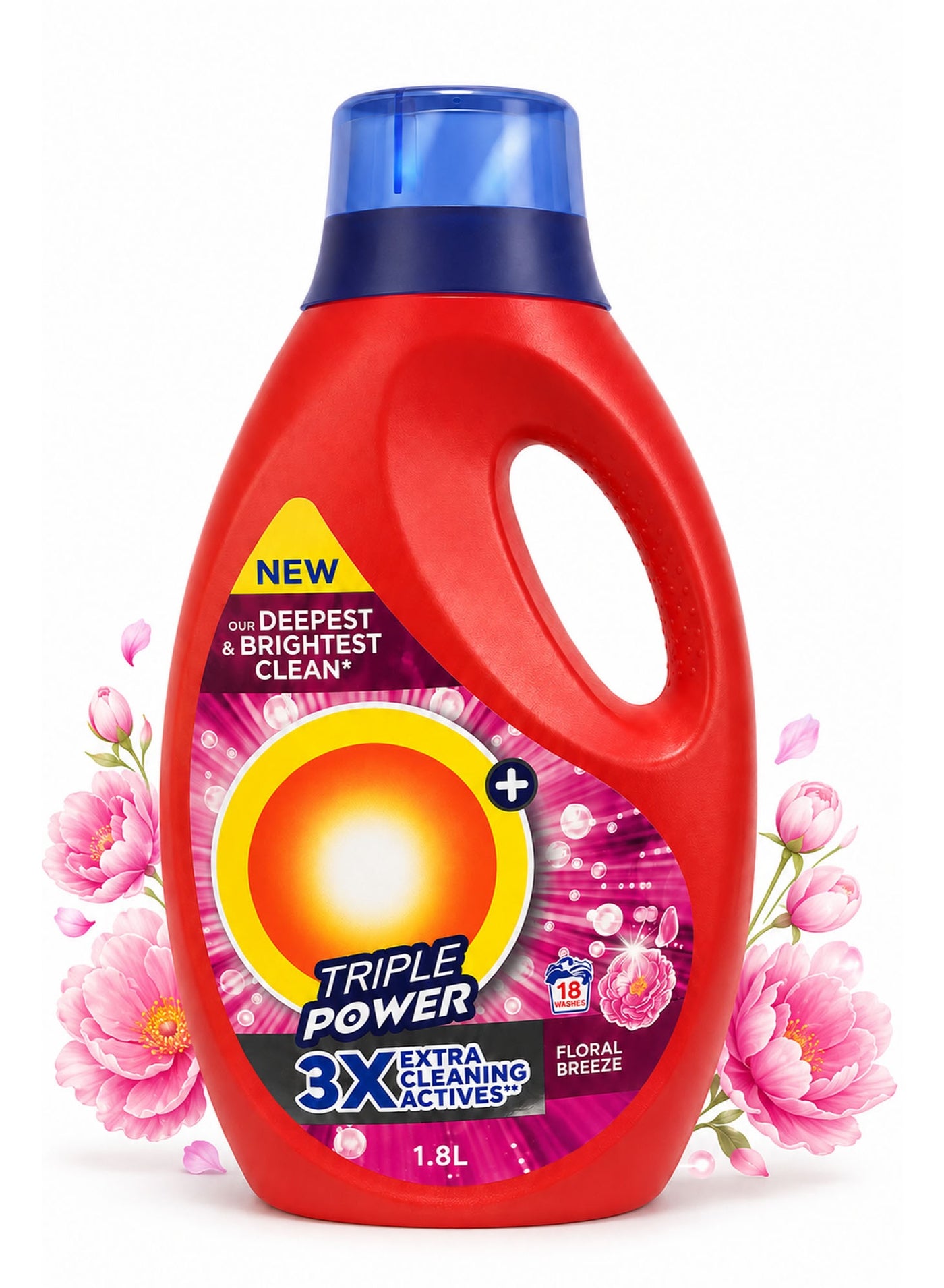 Triple Power Gel Liquid Laundry Detergent 1.8L – Floral Breeze Fragrance, Powerful Stain Removal, Color Care, Fresh & Bright Clothes