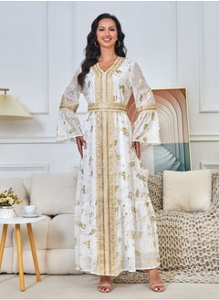 إسكدنيا إمرأة حارّ نوع ذهب طباعة مسلم Abaya مساء ثوب فضفاض حزام سير ثوب  - Image 1
