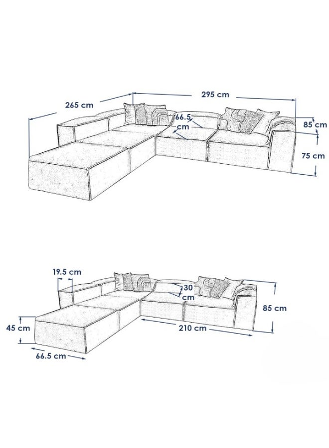 Joints Natural Wood and Linen Fabric L-Shape Sofa and 2 Pouf - Dark Beige - Image 5