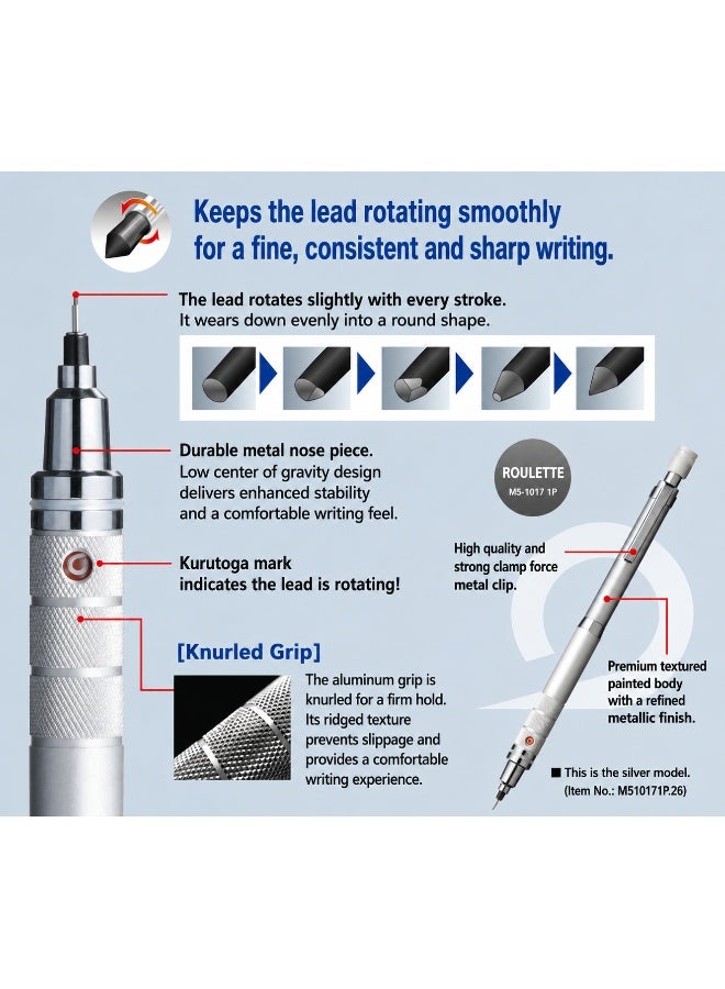 UNI Kuru Toga Roulette Mechanical Pencil M5-1017 / Roulette, 0.5 mm, Gunmetal, Plastic & Metal, 1 pencil for students - Image 5