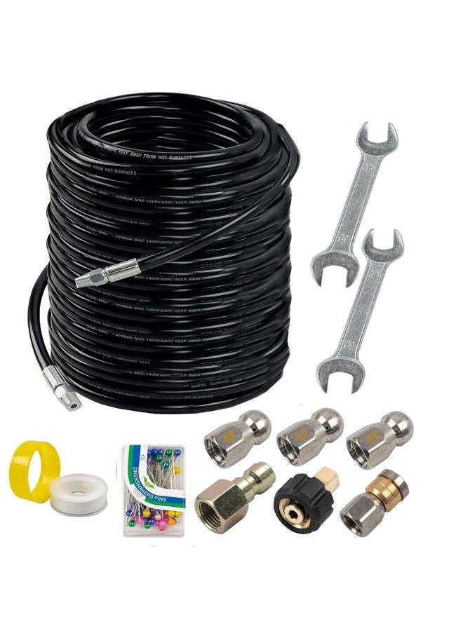 Hourleey Sewer Jetter Kit for Pressure Washer 200FT, Drain Cleaner Hose 1/4 Inch NPT, Orifice 4.0 Button Nose and Rotating Sewer Jetting Nozzle Spanner Tape Pearl Corsage Pin, 4000 PSI - Image 1