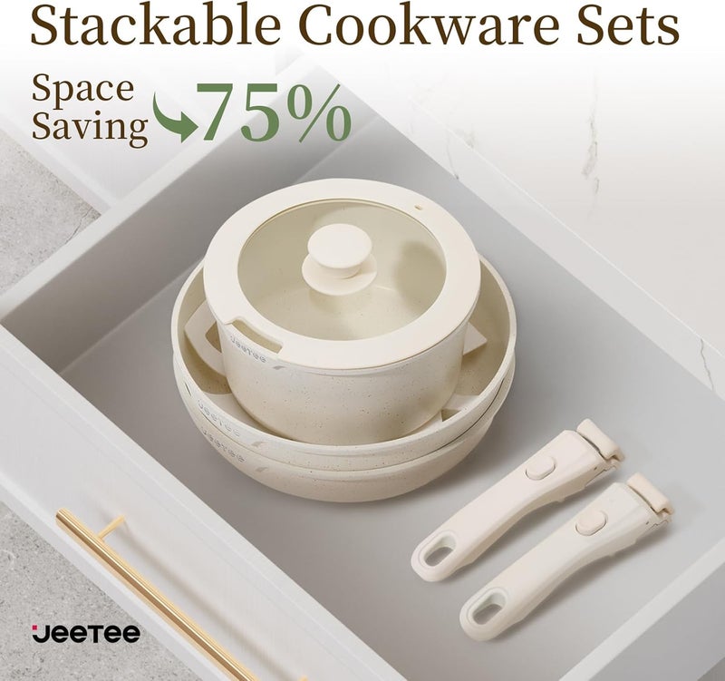 Jeetee Pots and Pans Set Non Stick 17pcs, Kitchen Cookware Sets with Detachable Handle, Induction Nonstick Cookware Set with Removable Handle, Stackable RV Cookware, Oven Safe, PFOA Free, Beige - Image 4