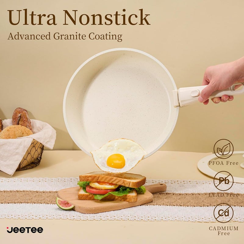 Jeetee Pots and Pans Set Non Stick 17pcs, Kitchen Cookware Sets with Detachable Handle, Induction Nonstick Cookware Set with Removable Handle, Stackable RV Cookware, Oven Safe, PFOA Free, Beige - Image 3