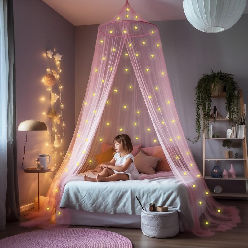 UB-STORE UBSTORE Pink Canopy for Girls Bed with PreGlued Glow in The Dark Stars Princess Mosquito Net Room Decor Kids Baby Bedroom Tent with Galaxy Lights 1 Opening Canopy Bed Hanging Kit Included - Image 2