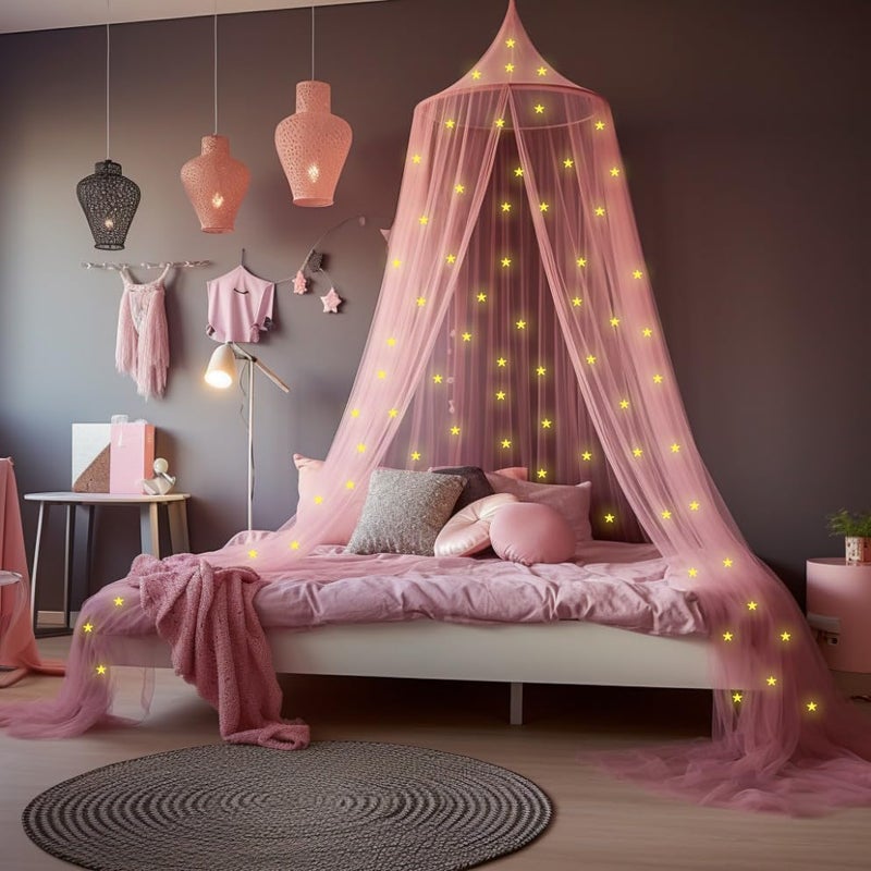 UB-STORE UBSTORE Pink Canopy for Girls Bed with PreGlued Glow in The Dark Stars Princess Mosquito Net Room Decor Kids Baby Bedroom Tent with Galaxy Lights 1 Opening Canopy Bed Hanging Kit Included - Image 3