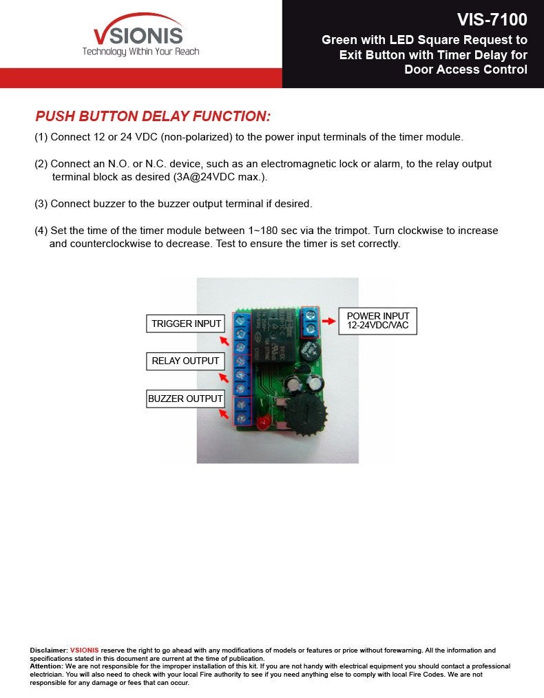 Visionis VIS-7100 Green LED Square Request Push to Exit Button Release with Timer Delay for Door Access Control - Image 5