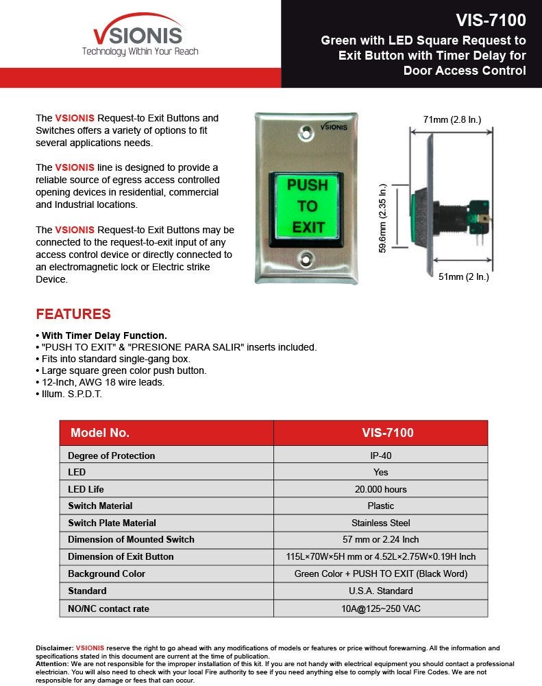 Visionis VIS-7100 Green LED Square Request Push to Exit Button Release with Timer Delay for Door Access Control - Image 1