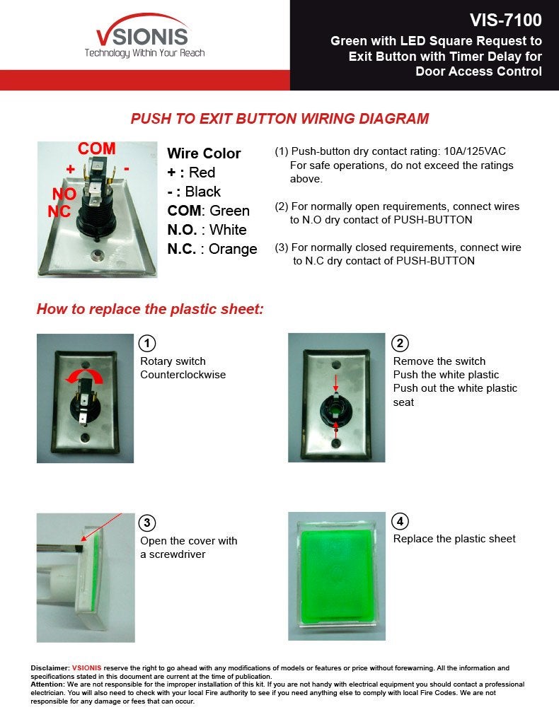 Visionis VIS-7100 Green LED Square Request Push to Exit Button Release with Timer Delay for Door Access Control - Image 2