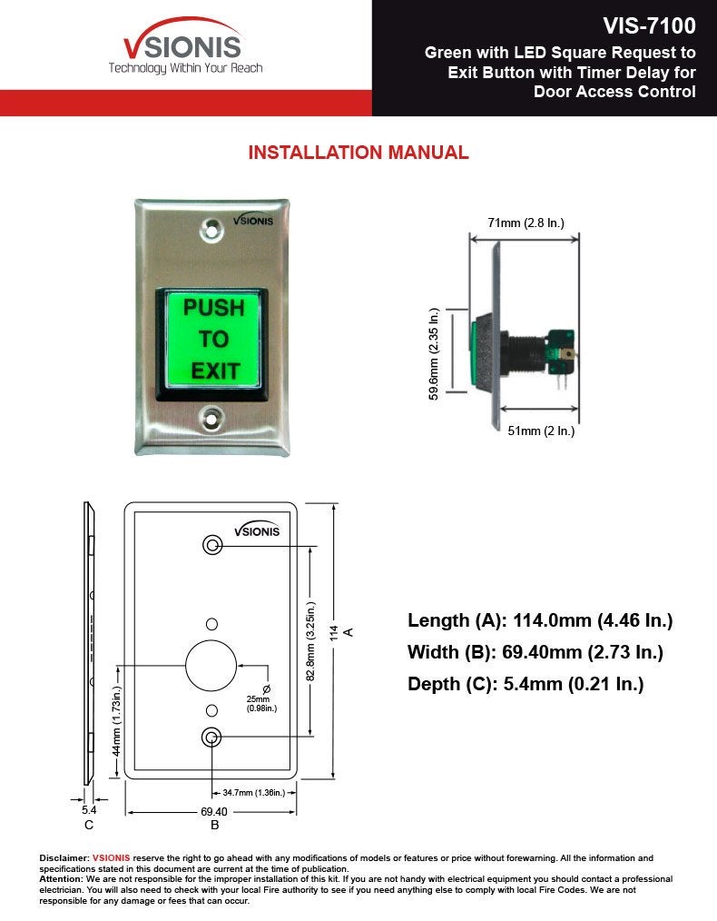 Visionis VIS-7100 Green LED Square Request Push to Exit Button Release with Timer Delay for Door Access Control - Image 4