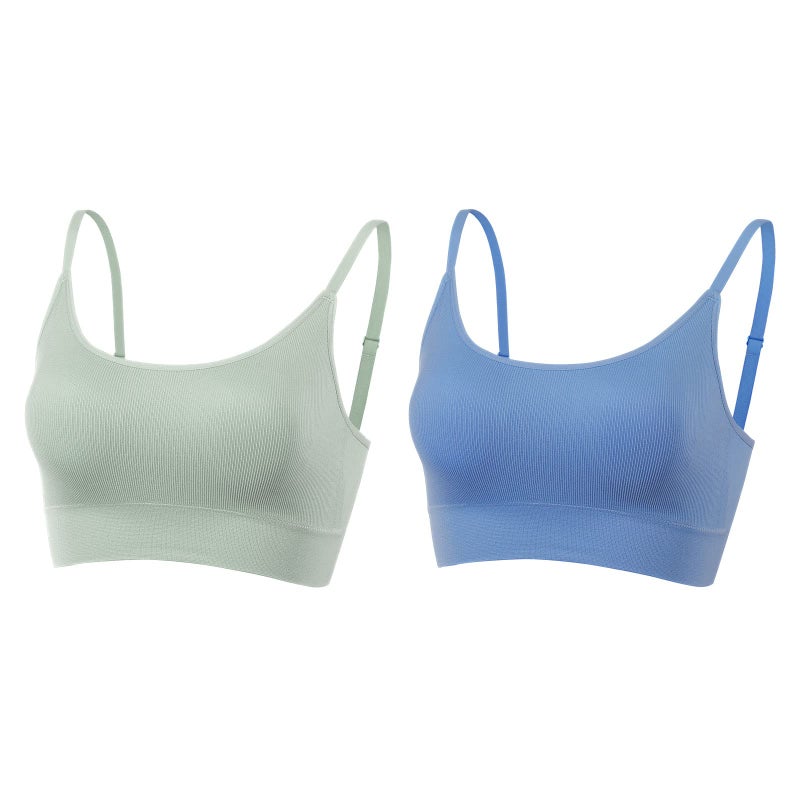 AMRIY Womenâ€™s Seamless Ribbed Sports Bra with Removable Pads Adjustable Thin Straps Light Support Workout Everyday Bra Green Blue, L - Image 1