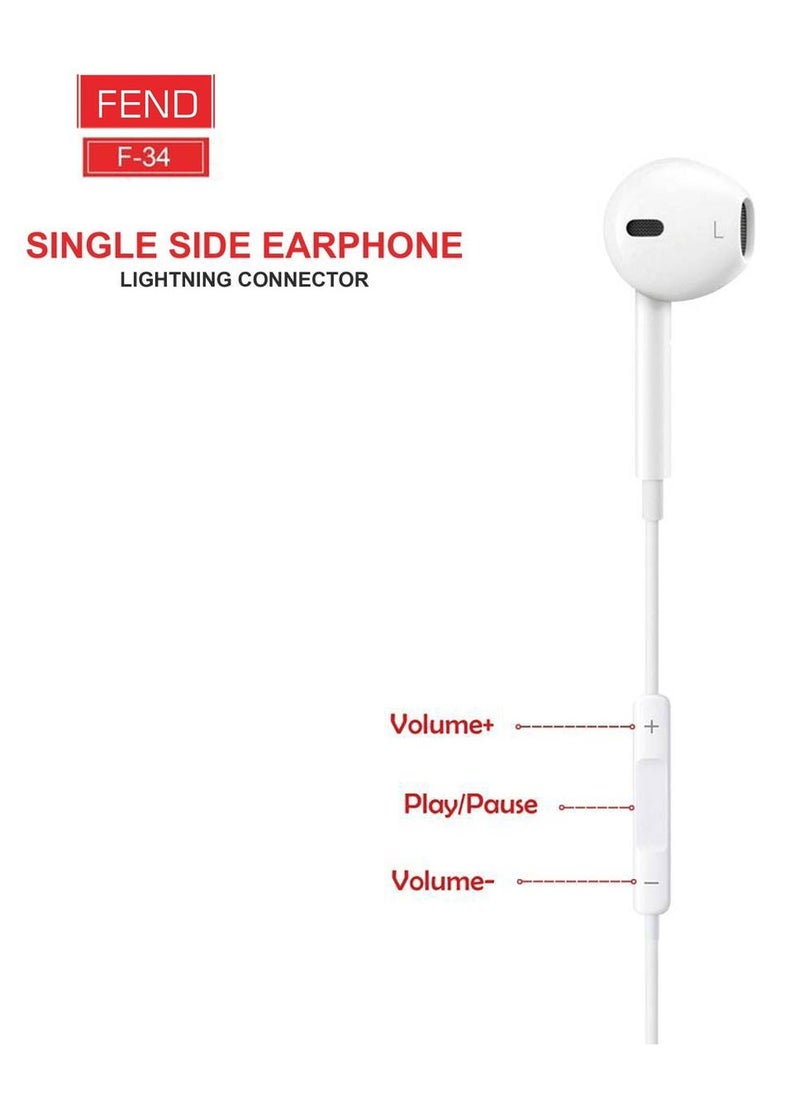 FEND - Fend F34 Single Side Lightning Earpods With High Quality Sound HD Clear Microphone and Inline Remote Designed For iPhones - Image 1