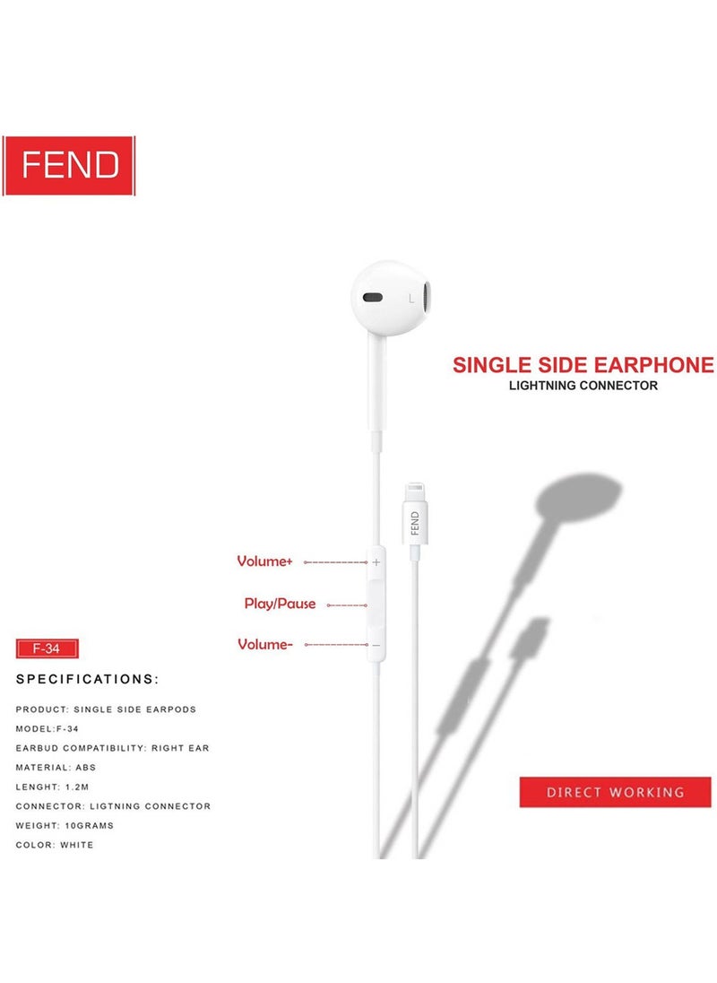 FEND - Fend F34 Single Side Lightning Earpods With High Quality Sound HD Clear Microphone and Inline Remote Designed For iPhones - Image 1