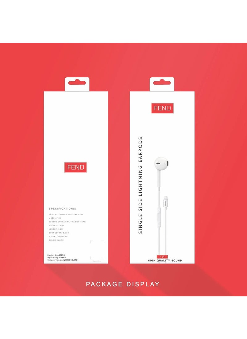 FEND - Fend F34 Single Side Lightning Earpods With High Quality Sound HD Clear Microphone and Inline Remote Designed For iPhones - Image 1