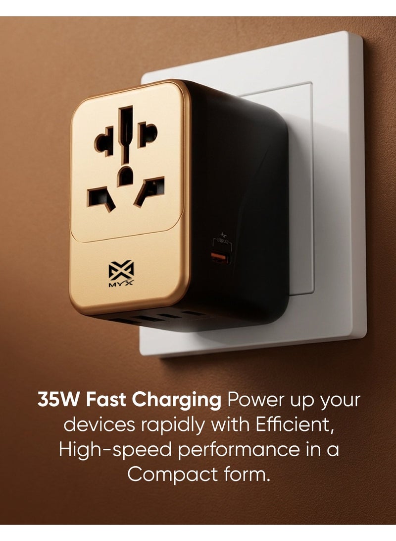 MYX TravelX 35W Gold Edition International Travel Adapter | 5 Port + AC | Universal Plug (EU, UK, USA, AU, Asia) - Image 1