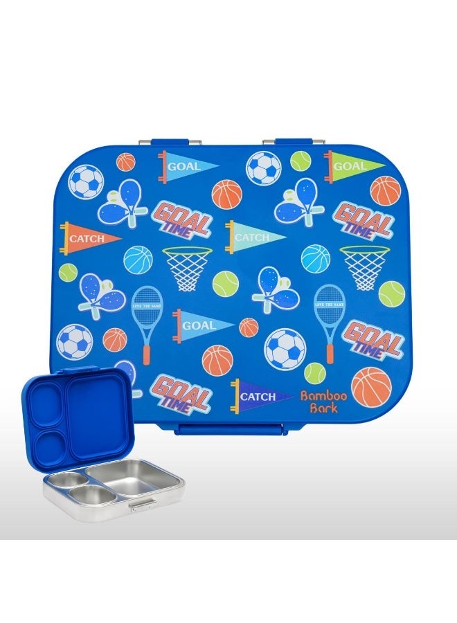 Bamboo Bark Stainless Steel Leak-Proof Bento Lunch Box for Kids, Girls & Boys – Multi-Compartment BPA-Free Lunch Box with PP Base, Sports Print, Perfect for School, Work & Travel - Image 1