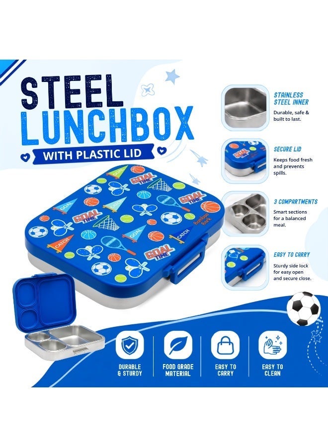 Bamboo Bark Stainless Steel Leak-Proof Bento Lunch Box for Kids, Girls & Boys – Multi-Compartment BPA-Free Lunch Box with PP Base, Sports Print, Perfect for School, Work & Travel - Image 2