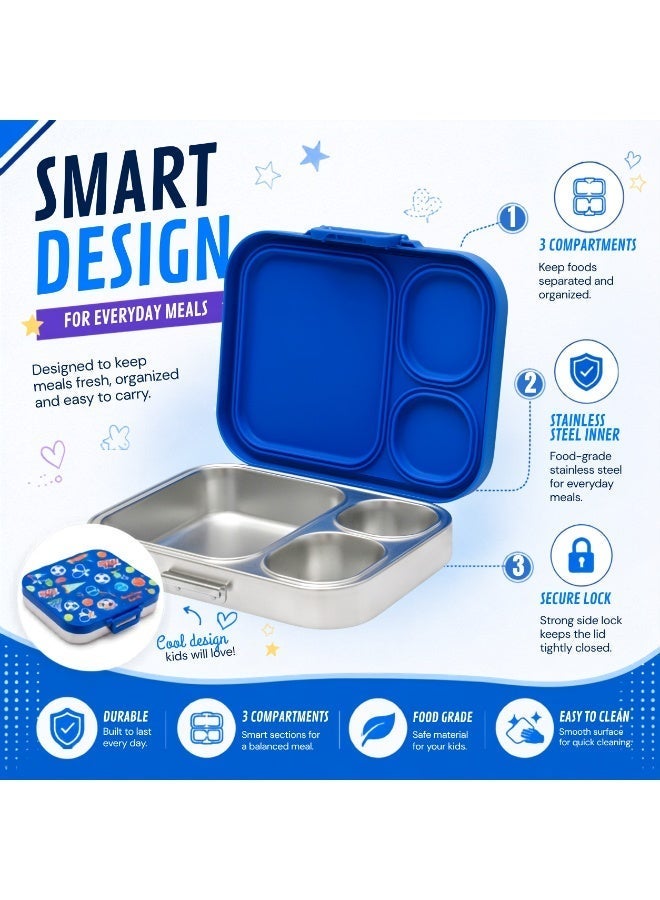 Bamboo Bark Stainless Steel Leak-Proof Bento Lunch Box for Kids, Girls & Boys – Multi-Compartment BPA-Free Lunch Box with PP Base, Sports Print, Perfect for School, Work & Travel - Image 3