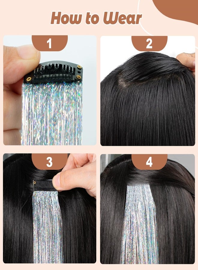 LADYAMZ Clip In Tinsel Hair Extensions 10 PCS, 19.7 Inch Glitter Fairy Hair Tinsel Kit Clips, Sparking Silver Hairpieces Colorful Hair Accessories for Girls Women Kids Gift Party Highlights (Silver) - Image 5