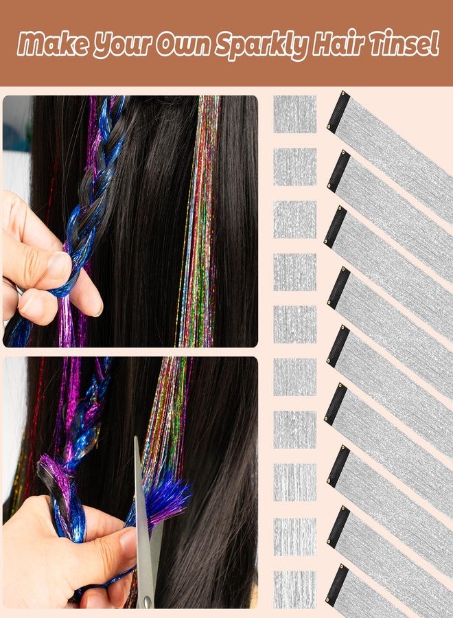 LADYAMZ Clip In Tinsel Hair Extensions 10 PCS, 19.7 Inch Glitter Fairy Hair Tinsel Kit Clips, Sparking Silver Hairpieces Colorful Hair Accessories for Girls Women Kids Gift Party Highlights (Silver) - Image 3