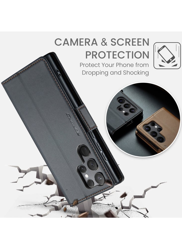 CaseMe - Flip Wallet Case For Samsung Galaxy S24 Ultra, [RFID Blocking] PU Leather Wallet Flip Folio Case with Card Holder Kickstand Shockproof Phone Cover (Black) - Image 1