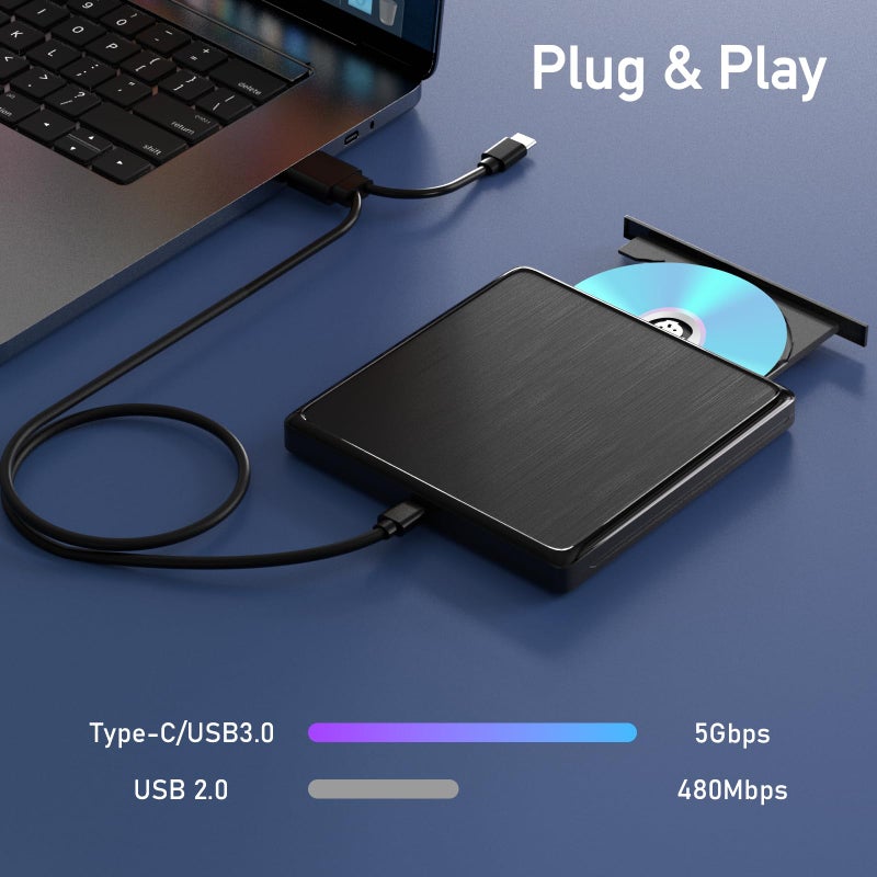 wintale USB CD/DVD External Drive, USB 3.0 and Type-C External CD/DVD Drive for Laptop, CD ROM External Drive for PC with Extended Data Cable, Portable DVD Burner External for Laptop Windows Linux Mac OS - Image 3