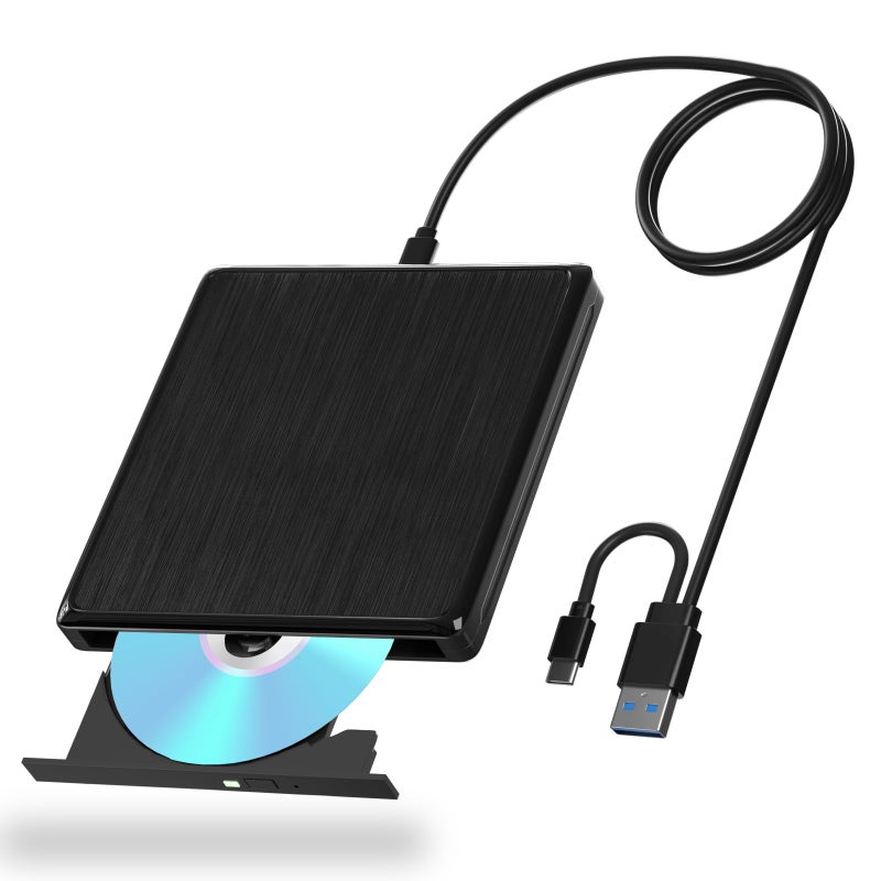 wintale USB CD/DVD External Drive, USB 3.0 and Type-C External CD/DVD Drive for Laptop, CD ROM External Drive for PC with Extended Data Cable, Portable DVD Burner External for Laptop Windows Linux Mac OS - Image 1