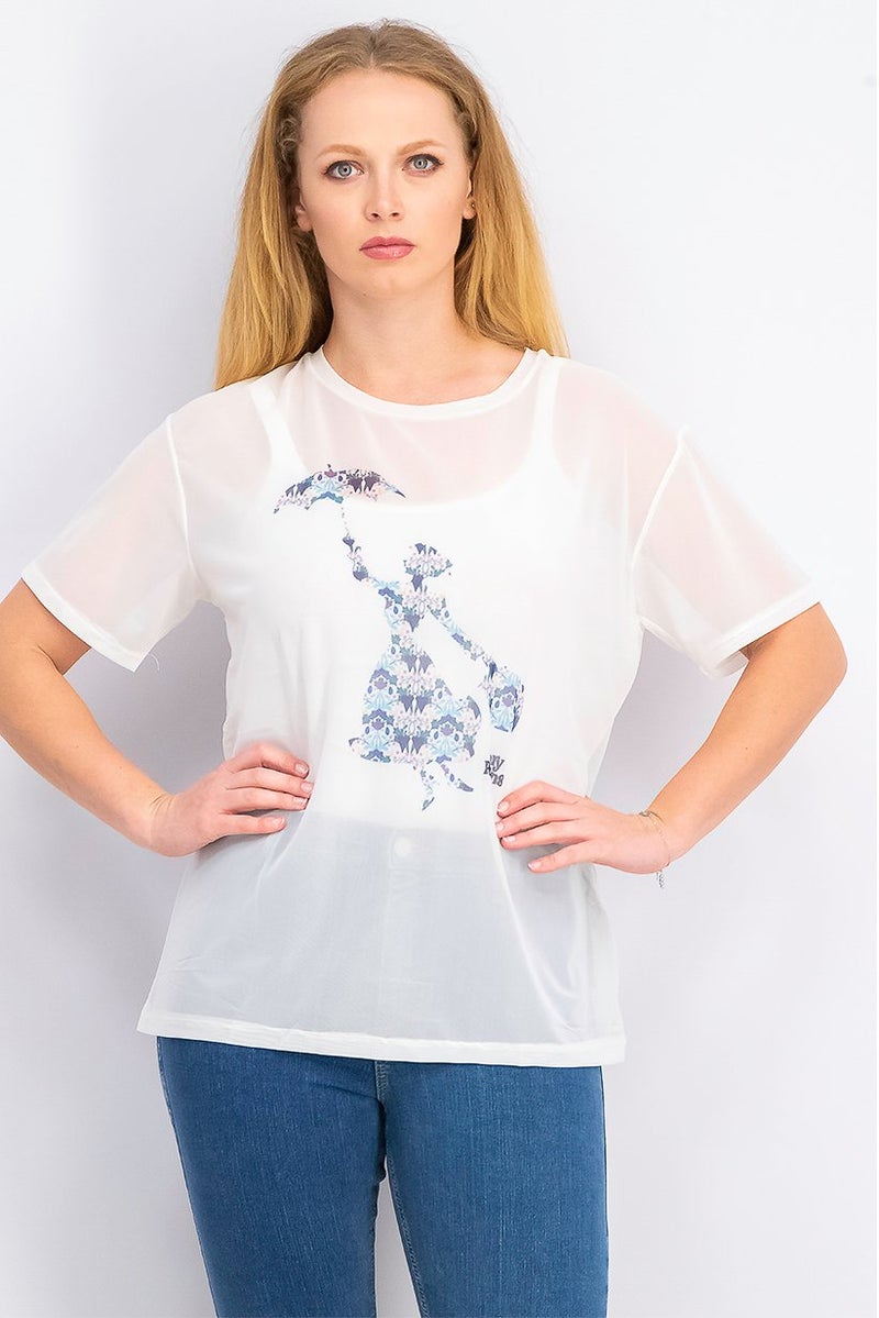 DIFUZED Women Mesh Short Sleeve Mary Poppins Top, Off White - Image 1