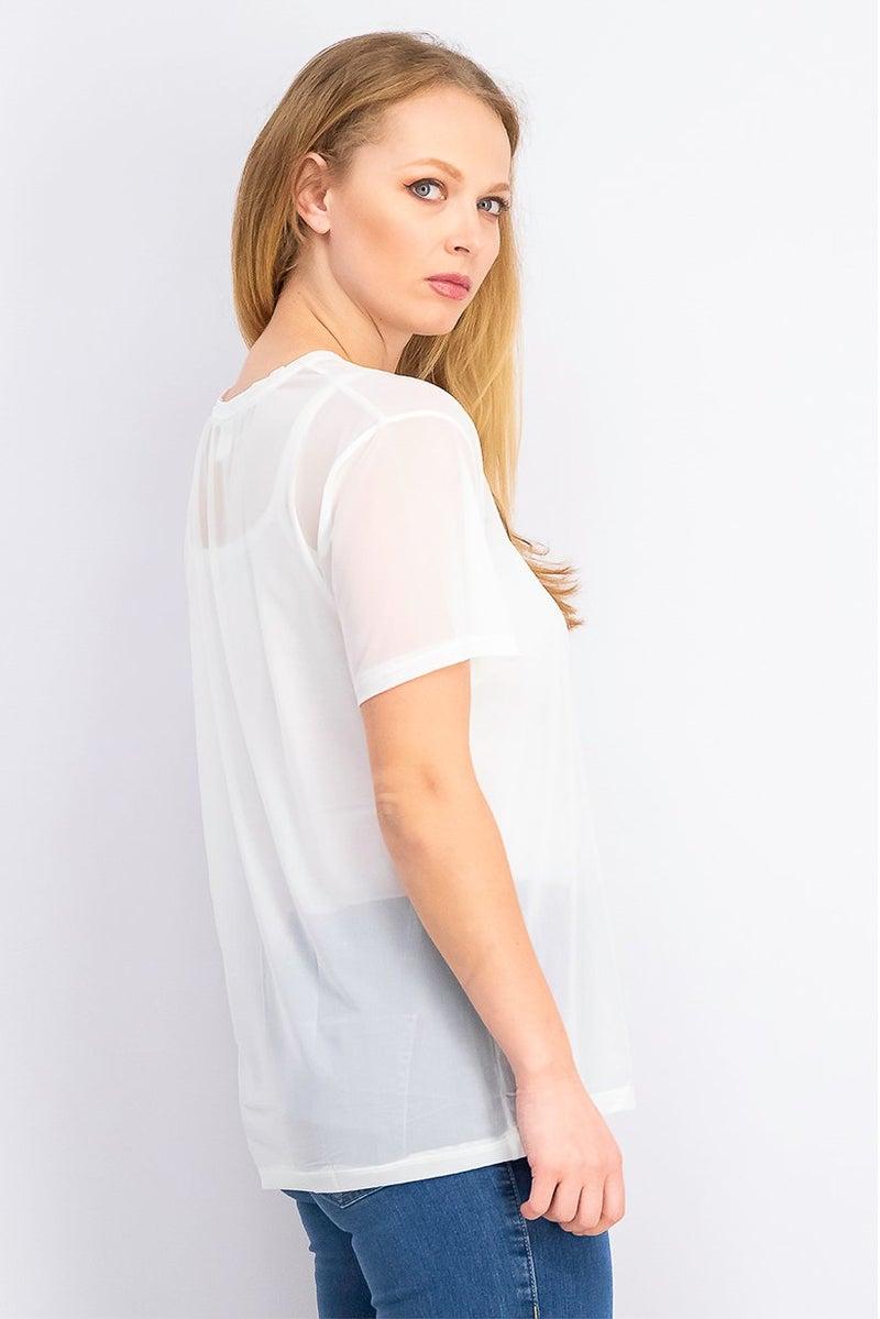 DIFUZED Women Mesh Short Sleeve Mary Poppins Top, Off White - Image 2